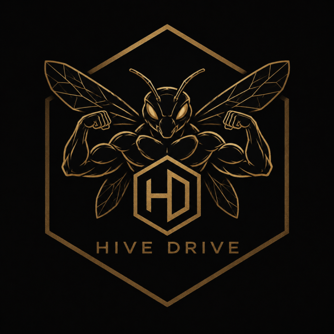 Hive Drive — muscular bee mascot with HD hexagon badge