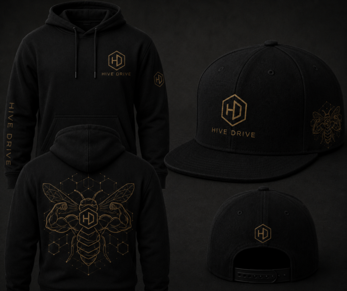 Hive Drive merchandise — hoodie and snapback with bee mascot branding