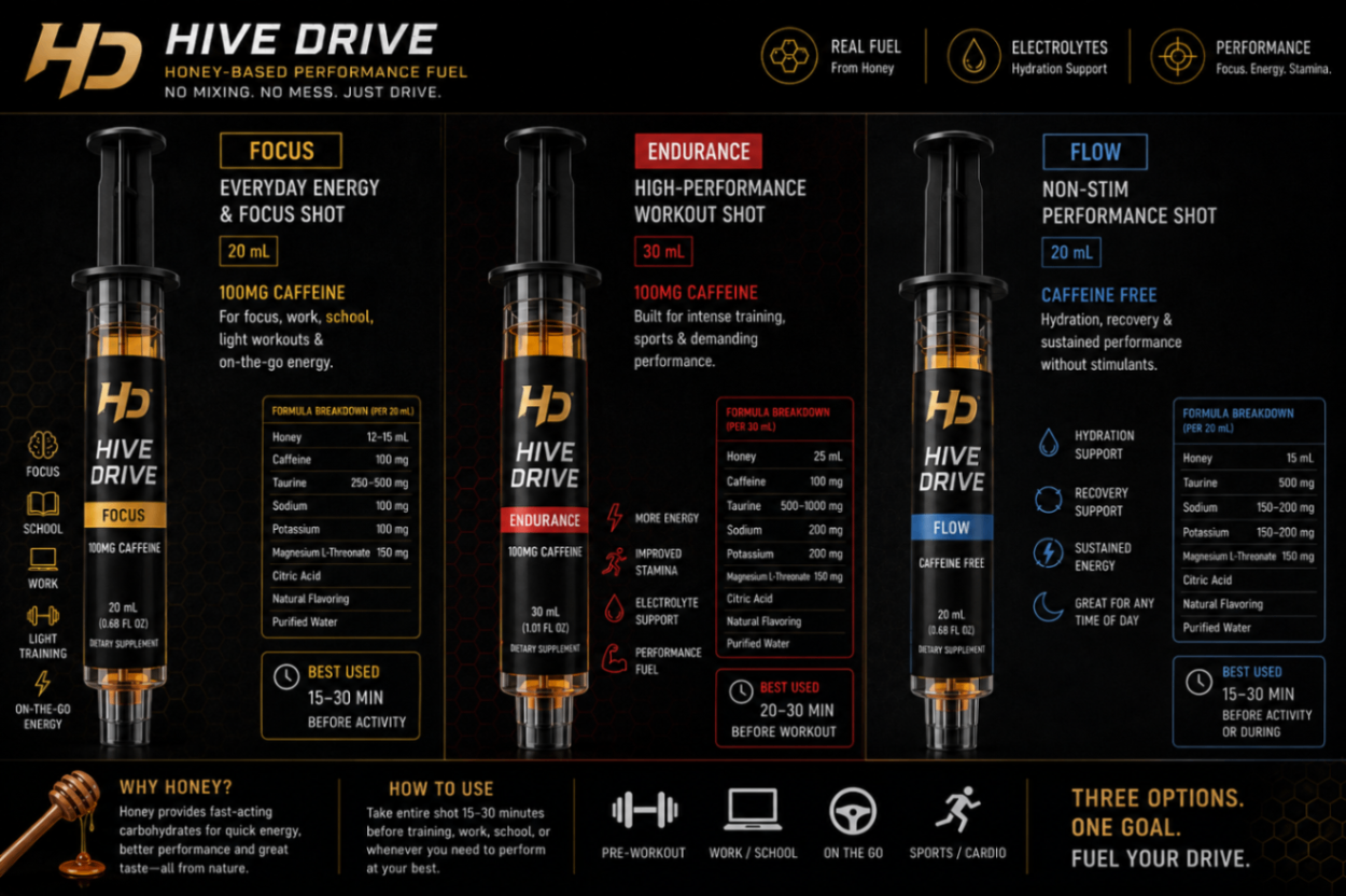 Hive Drive product lineup — Focus, Endurance, and Flow performance shots
